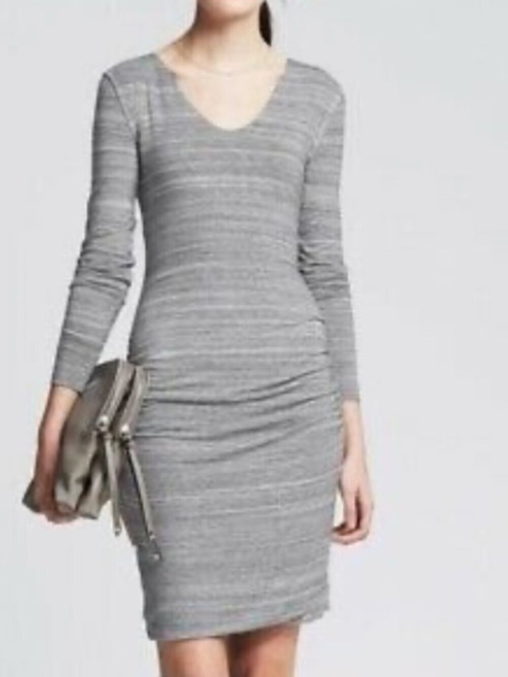Banana Republic Gray Ruched Bodycon Long Sleeve V-Neck Dress, Size M